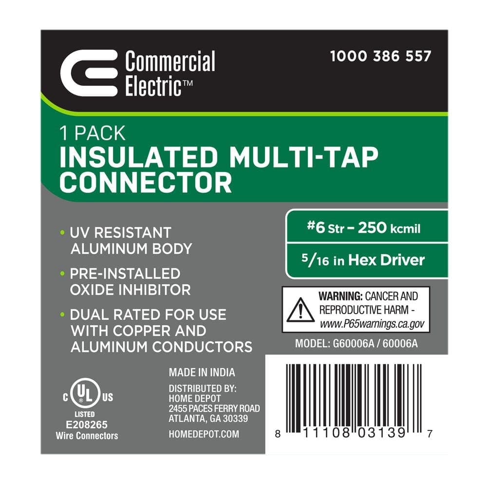 Commercial Electric 6 AWG to 250 MCM Dual-Rated 2-Port 1-Sided Entry Insulated Multiple Tap Connector, Black (2)