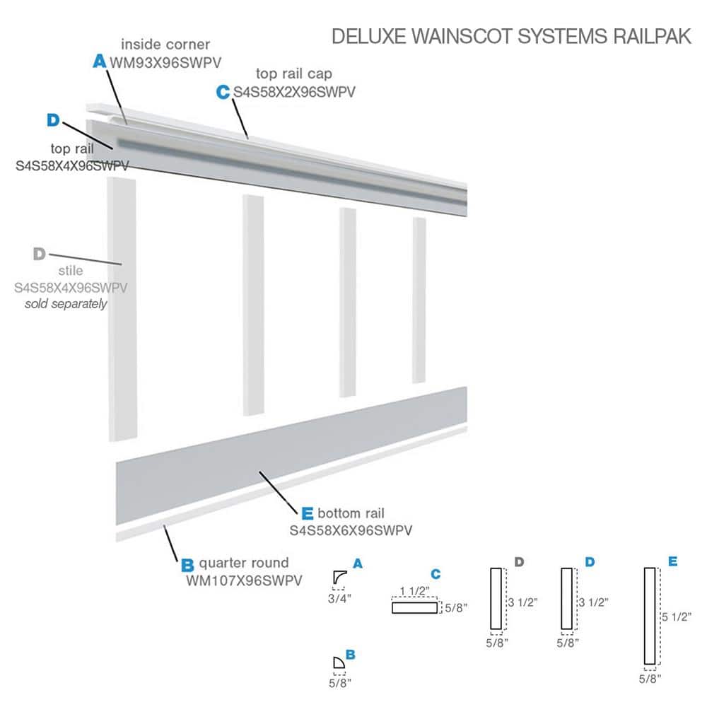 Ekena Millwork 5/8 in. X 96 in. X 5-1/2 in. Expanded Cellular PVC Deluxe Wainscot Moulding System (2)
