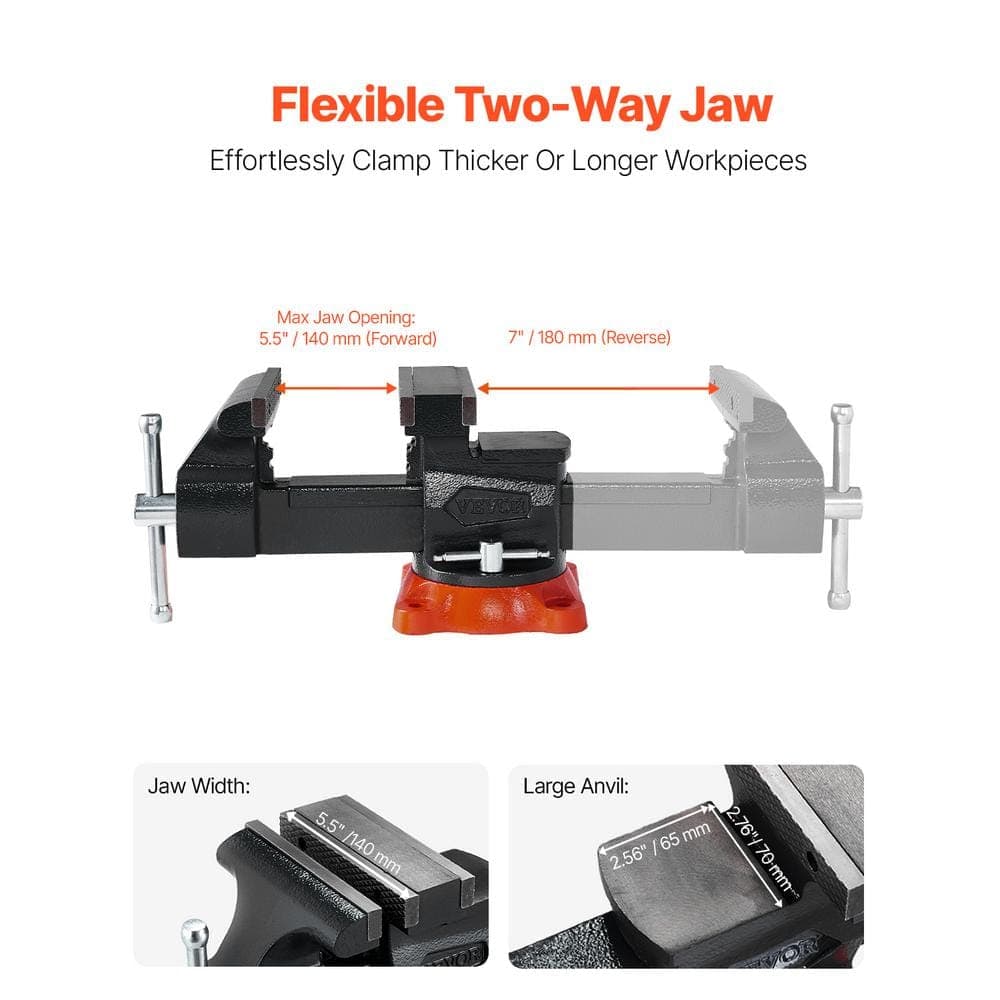 VEVOR Bench Vise 5.5 in. Jaw Width 5. 5in. Max Jaw Opening Product 360° Swivel Locking Base 2.8 in. Throat Depth (3)