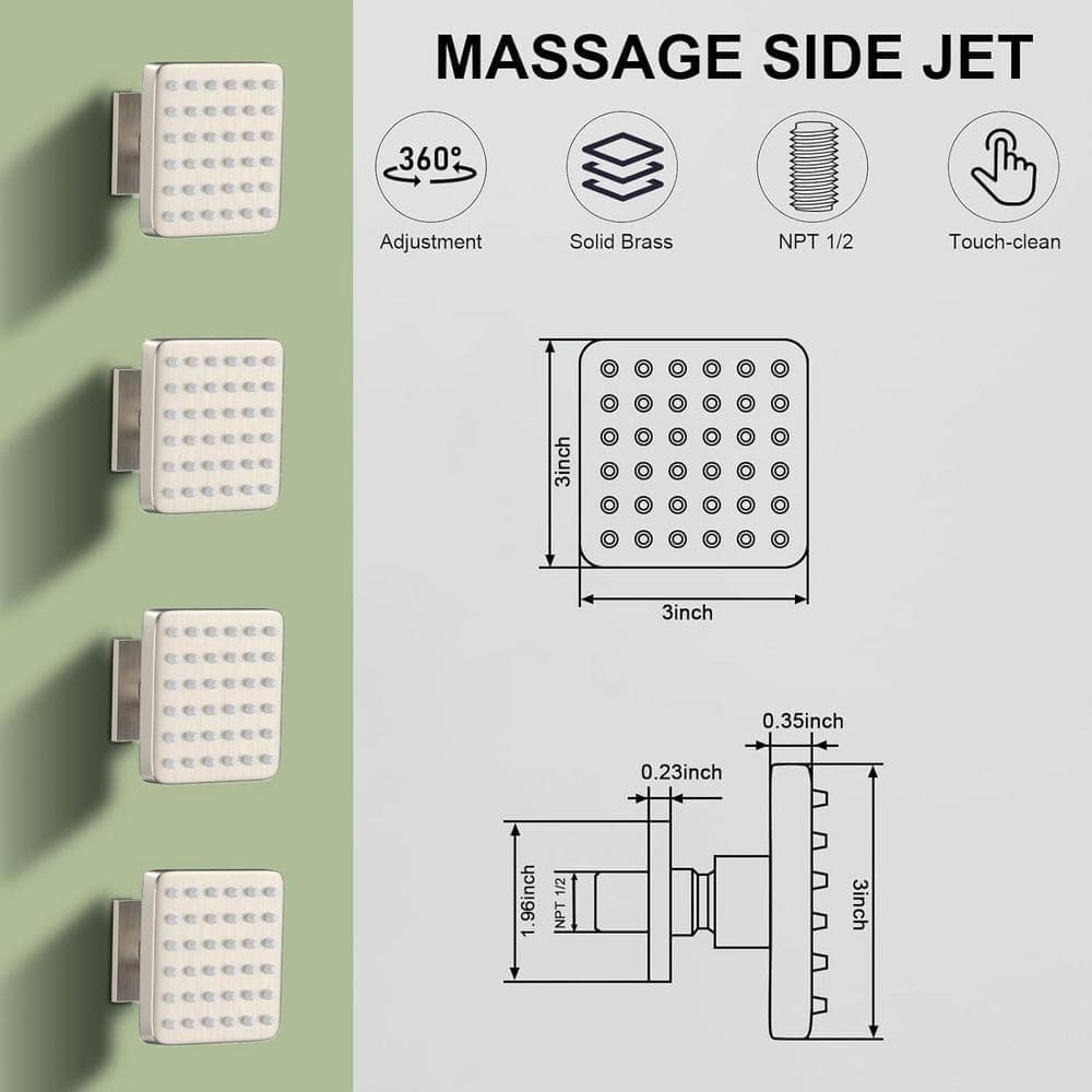 Helhom 3-in Square 4-Jet Shower Body Spray in Brushed Nickel with 36 Silicone Heads and 216 Holes (2)