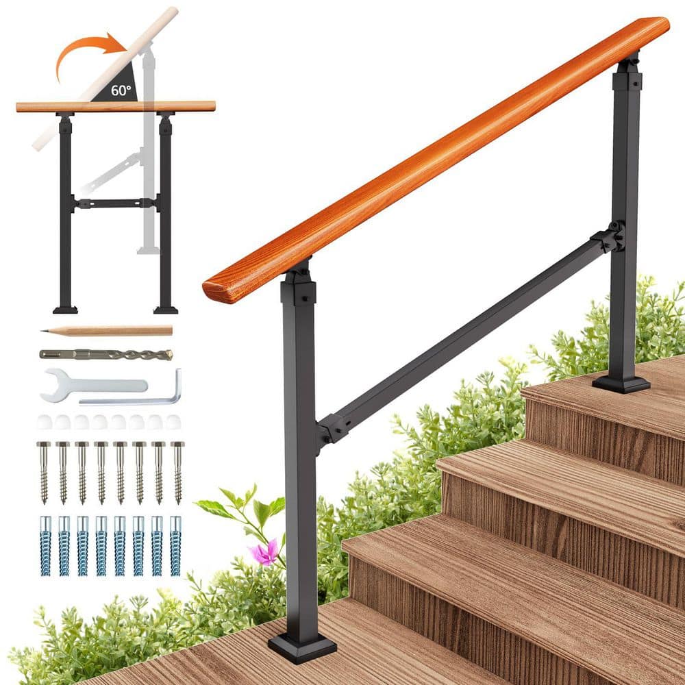 NVNOO Outdoor Steel Metal Hand Rails for Porch, Wooden Stairs Railing Fit 1 to 4 Steps with Installation Kit, Black