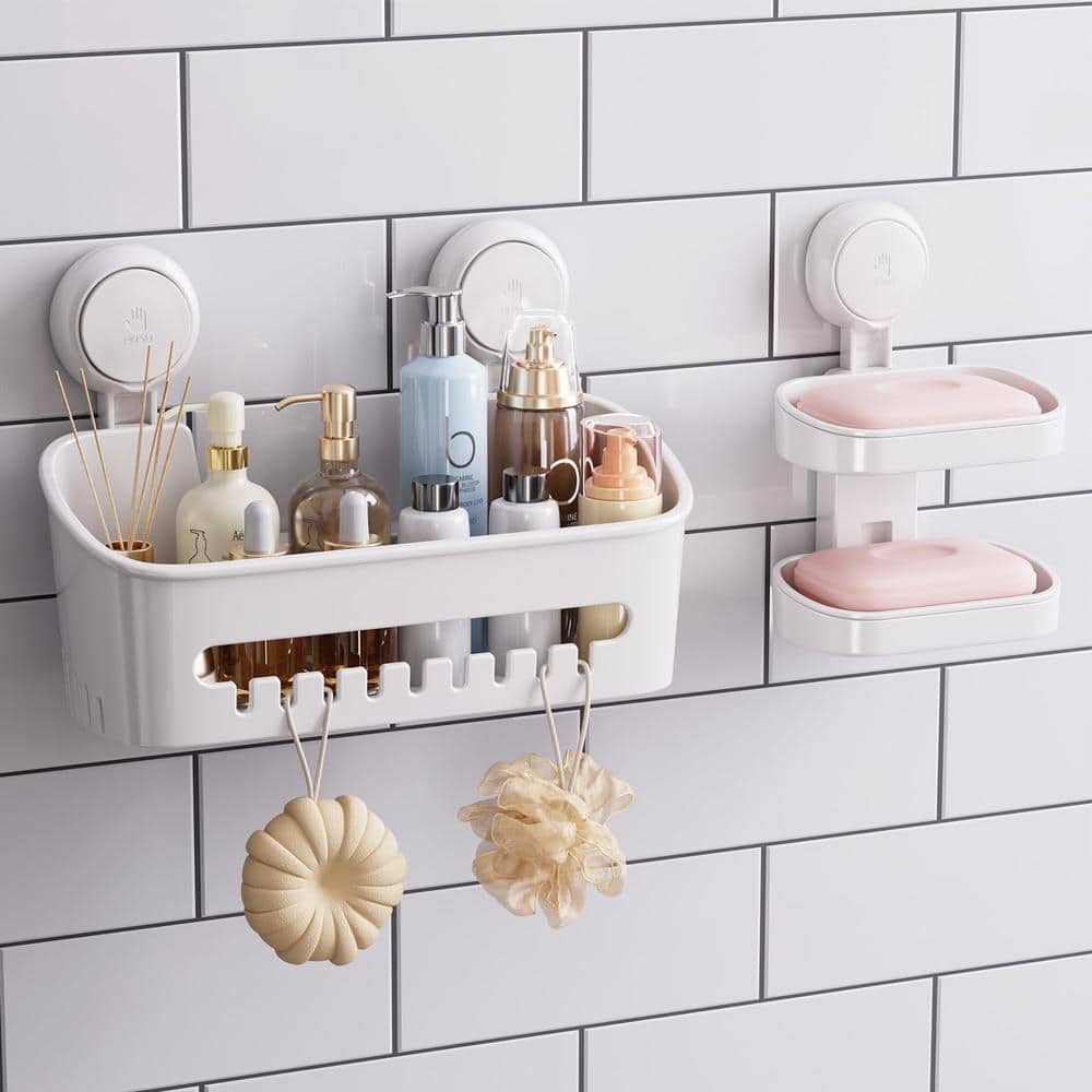 Adrinfly Suction Wall Mounted Bath Organizer for Shampoo, Body Wash, Plastic Shower Caddies, Drill-Free Removable in White 2-Pack (1)