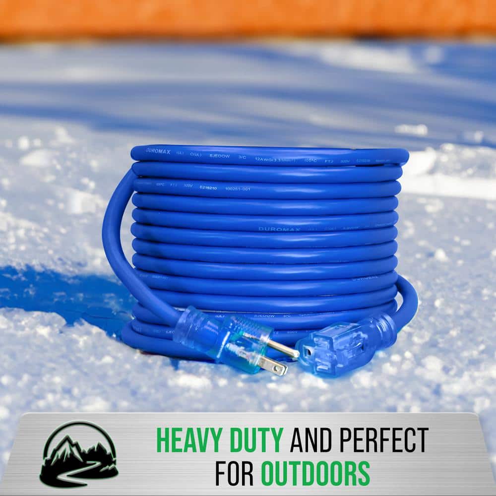DUROMAX 50 ft. 10/3 SJEOOW 15 Amp 120-Volt 1875-Watt Indoor/Outdoor -58° F - 221° F Triple Tap Blue Lighted Extension Power Cord (3)