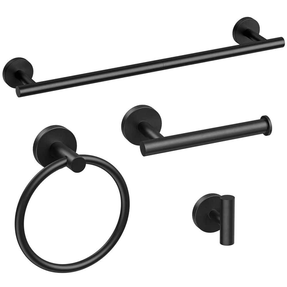 KHKFY 4-Piece Matte Black Bathroom Hardware Set with 24-Inch Towel Bar, Toilet Paper Holder, Towel Ring and Robe Hook (1)