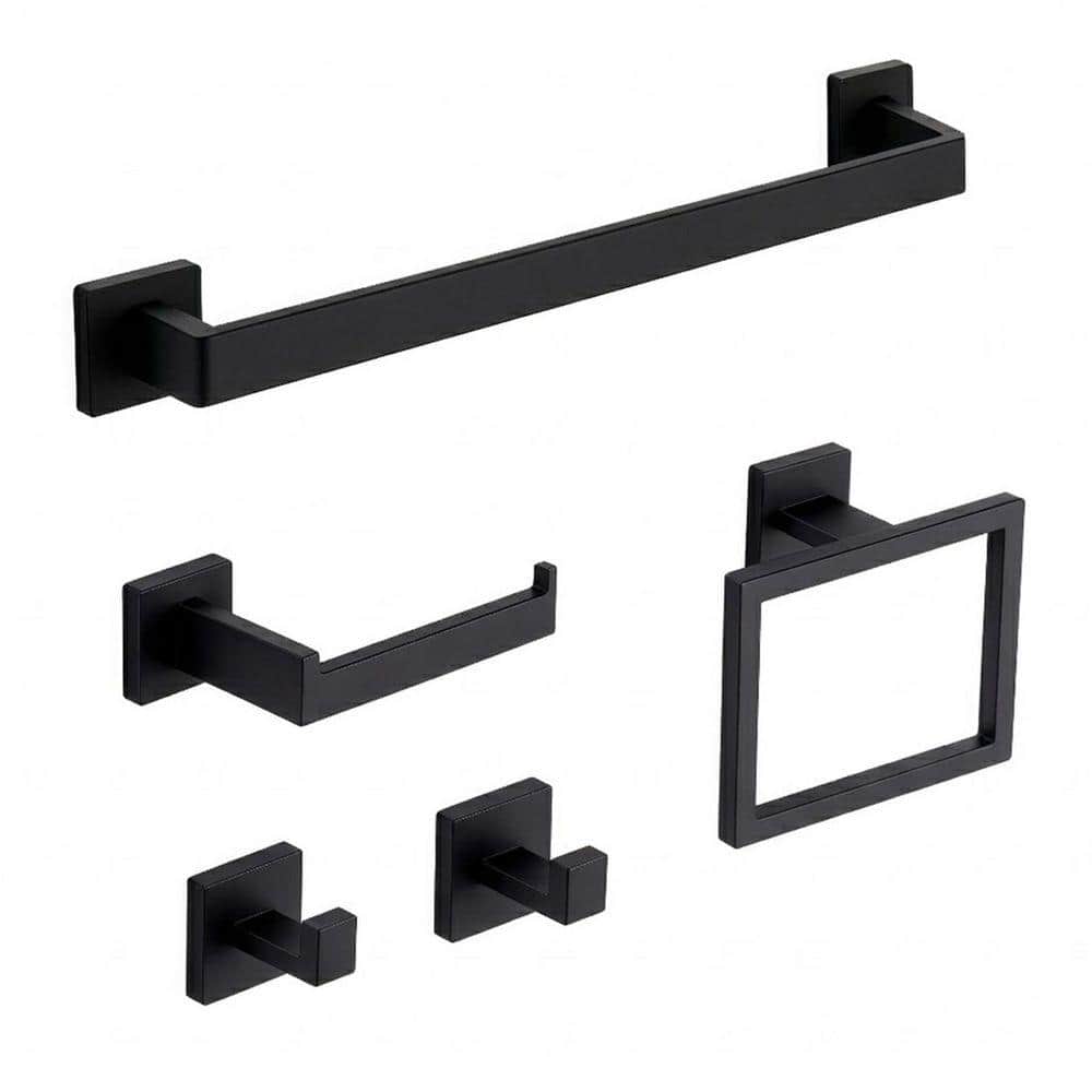 JFVKAF 5-Piece Bathroom Hardware Set with Towel Bar, Towel Ring, Toilet Paper Holder, 2 Hooks in Matte Black (1)