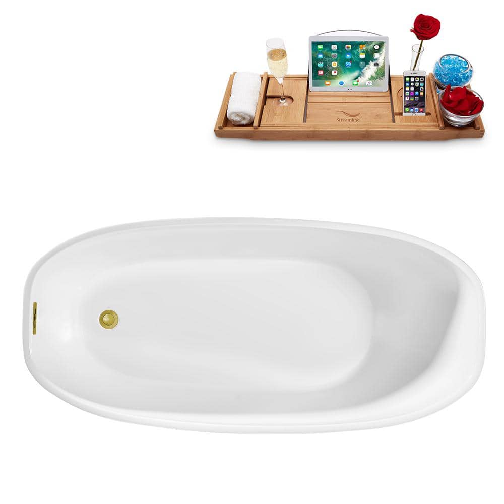 Streamline Acrylic Flatbottom Non-Whirlpool Bathtub Glossy White with Polished Gold Drain and Overflow Cover (4)