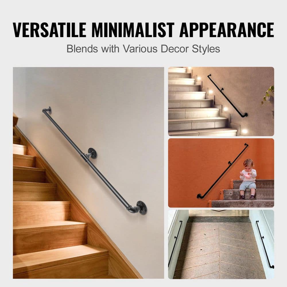 SVOPES 4 ft. Pipe Stair Handrail 48 in. H x 3.74 in. W Staircase Handrail Black Carbon Steel Stair Railing Kit (2)