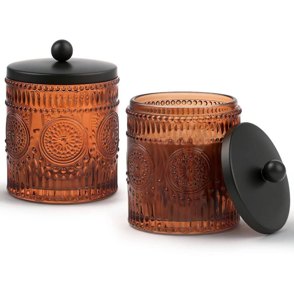 KHKFY Set of 2 Amber Glass Bathroom Storage Canisters with Matte Black Metal Lids Vintage Sunflower Embossed (2)