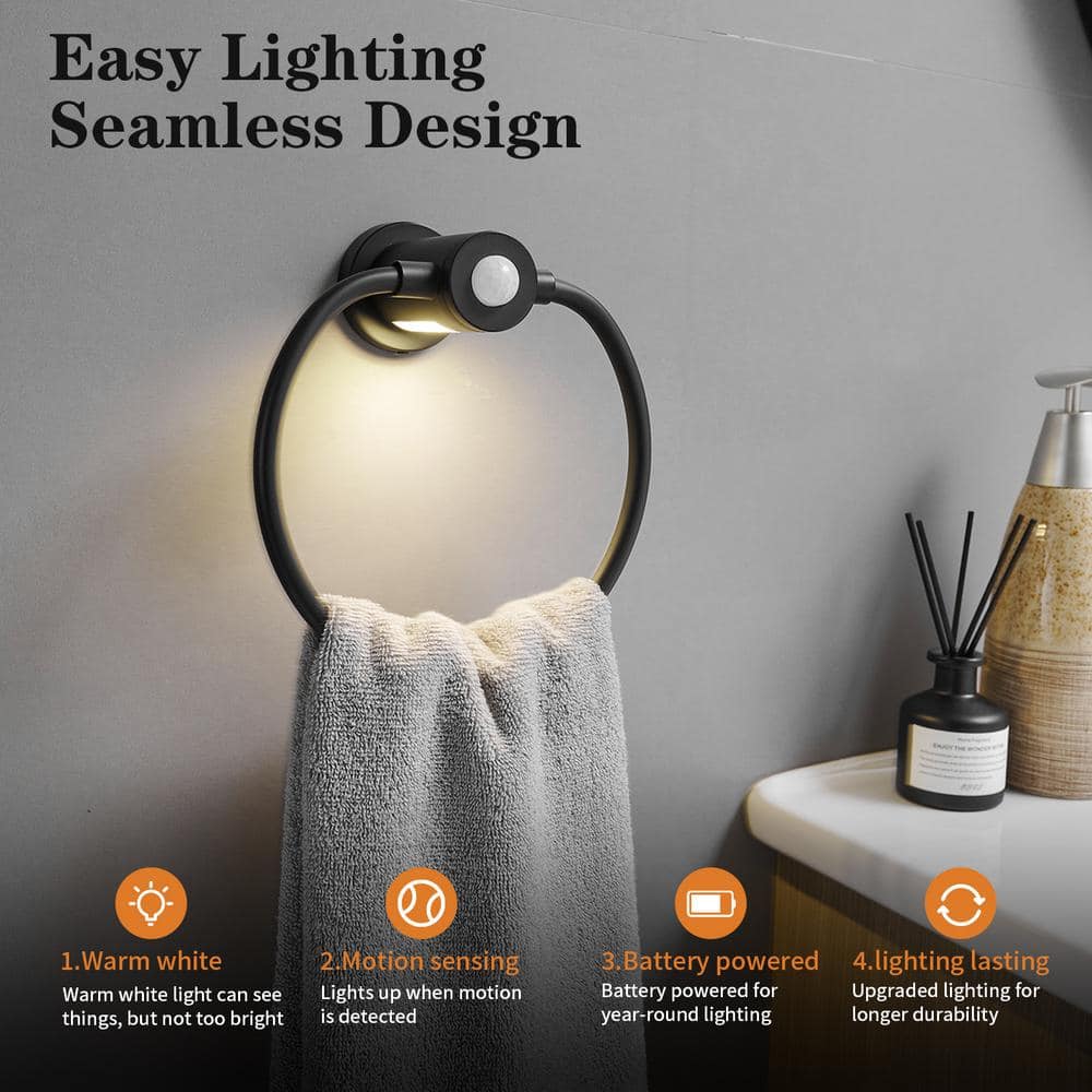 BWE Wall Mounted Towel Ring Motion Sensing, Night Light, Towel Holder for Bathroom in Matte Black (3)