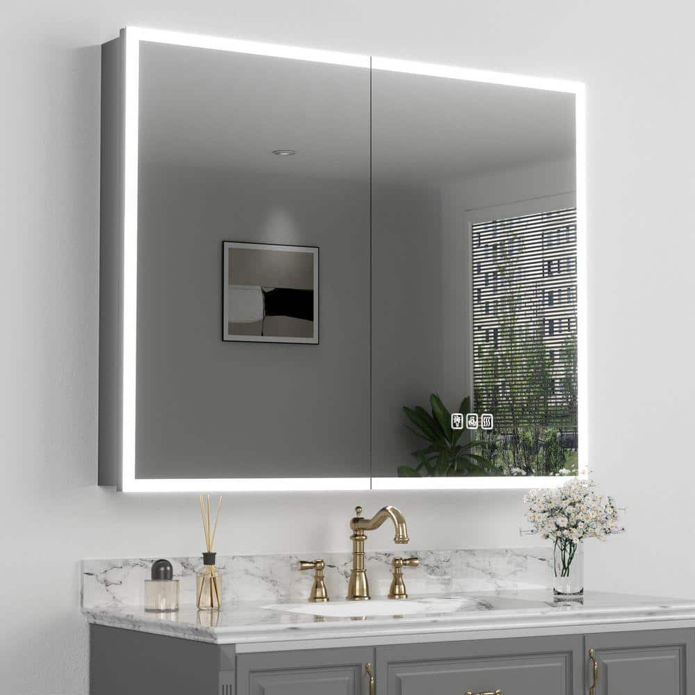 FAMYYT 40 in. W x 32 in. H Rectangular Aluminum Dynamic Flow Lighting Surface/Recessed Mount Medicine Cabinet with Mirror