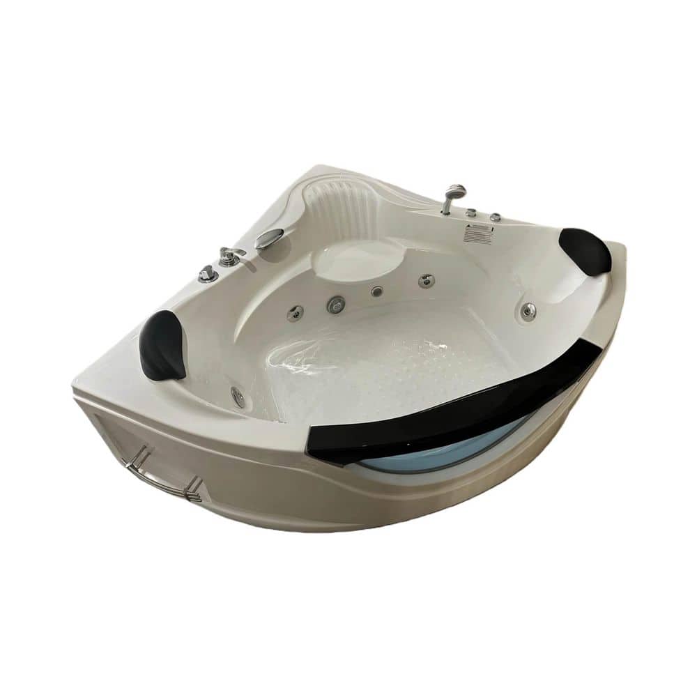 LIVACA 59 in. x 59 in. 2-Person Corner Whirlpool Bathtub with Center Drain and Hydro Massage in Milk White (1)