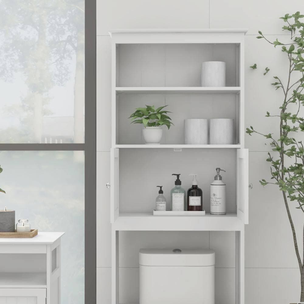 Wudkey 25.98 in. W x 69.92 in. H x 9.05 in. D Wood Over The Toilet Rack, White Rectangular Storage Shelf with 2 Doors (3)
