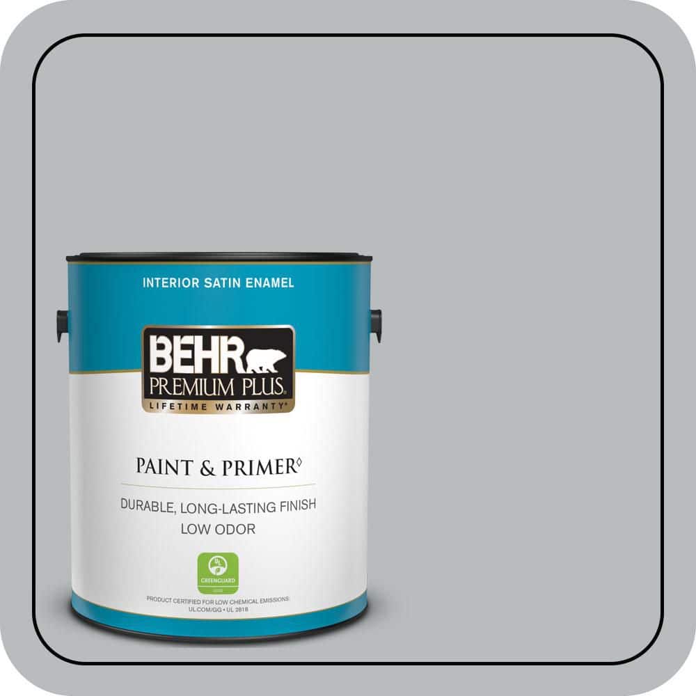 BEHR PREMIUM PLUS 1 gal. #PPU18-05 French Silver Satin Enamel Low Odor Interior Paint & Primer (1)