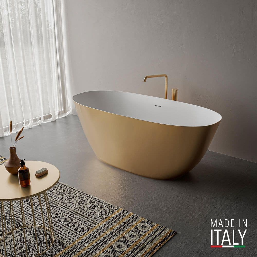 Ruvati Sinatra 63in. x 28in. Freestanding Soaking Oval Bathtub in Matte Gold and White epiStone Solid Surface with right drain