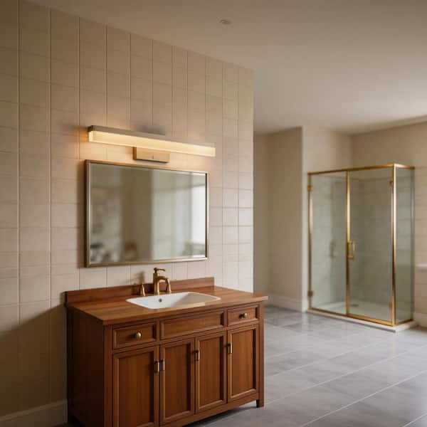 Hampton Bay Eldridge 24 in. 1-Light Bushed Nickel LED 5CCT Vanity Light with Frosted Acrylic Shade and Sensor Operated Night Light