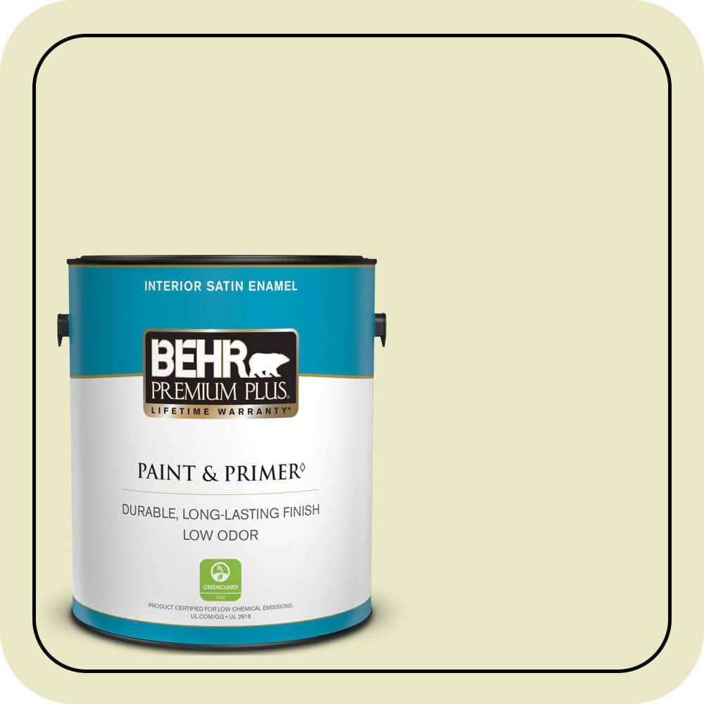 BEHR PREMIUM PLUS 1 gal. #PPU9-16 Pale Celery Satin Enamel Low Odor Interior Paint & Primer
