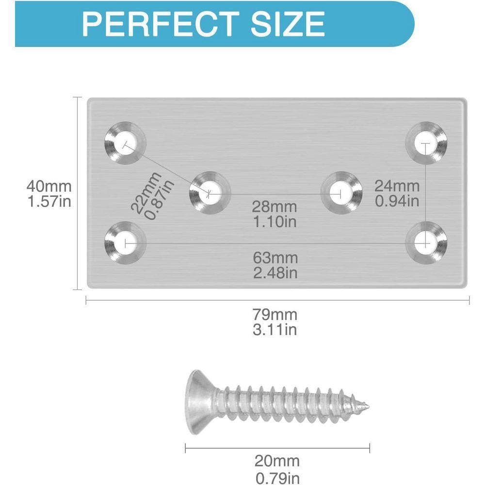 KIWDZFU 3.11 x 1.57 1.8-Guage Stainless Steel Flat Metal Bracket with Holes for Wood Furniture 6-Pack (2)