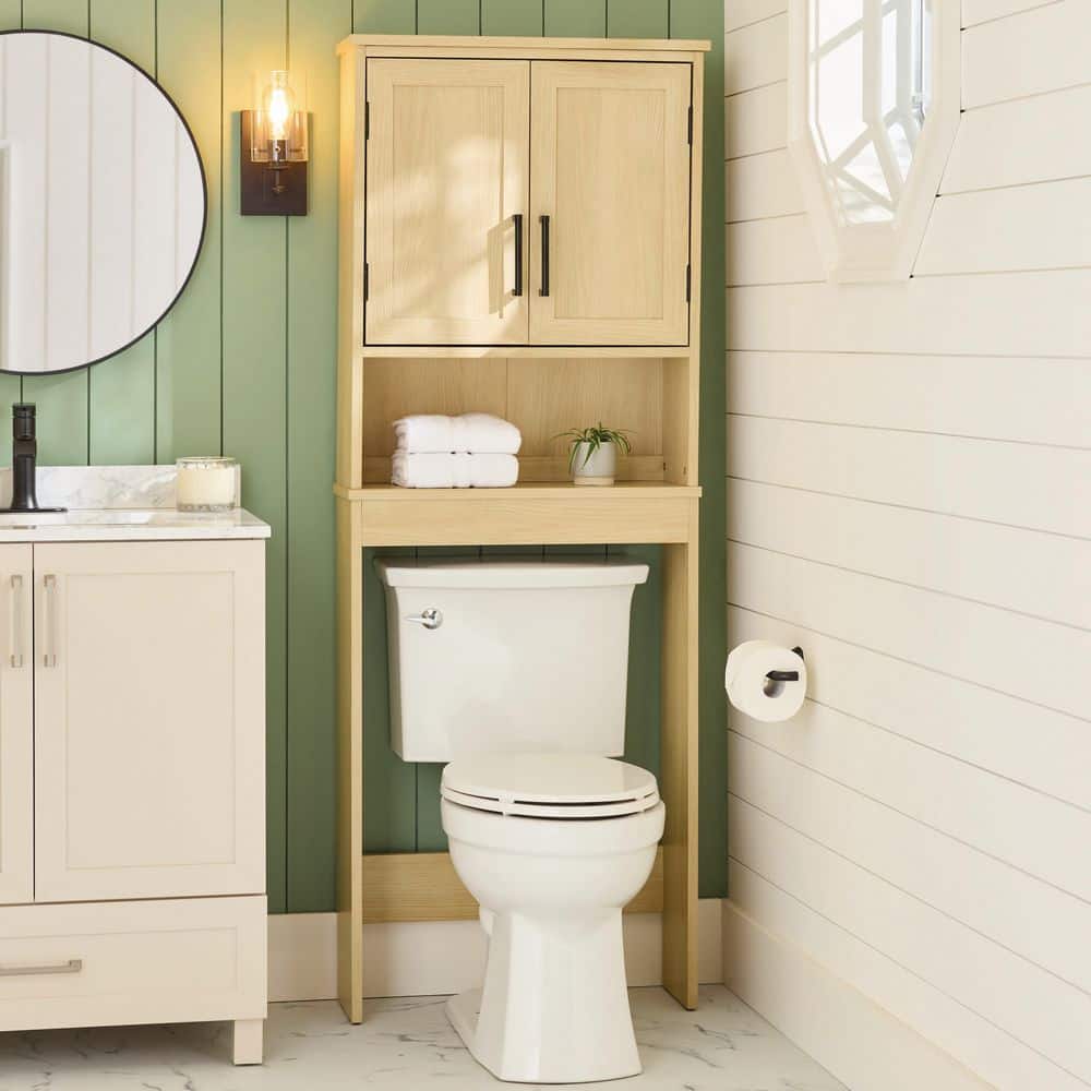 Glacier Bay 25 in. x 67 in. x 8.6 in. Natural Oak Over The Toilet Storage with Doors and Adjustable Shelves
