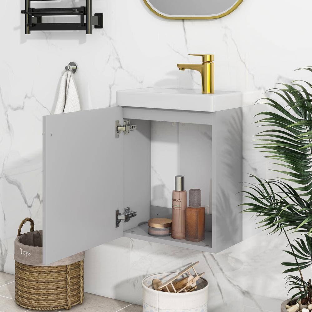 Unbranded 15.94 in. W x 8.66 in. D x 20.5 in. H Bathroom Storage Wall Cabinet with Ceramic Basin in Gray (2)