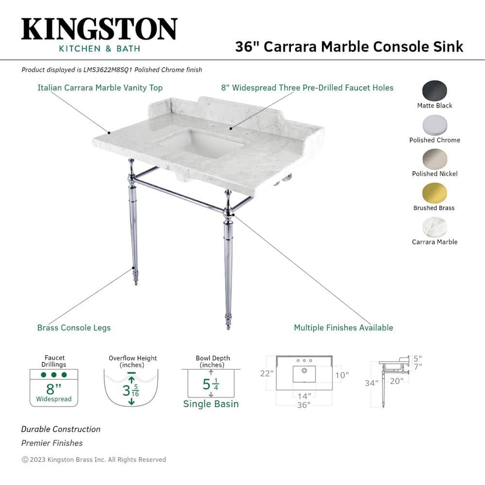 Kingston Brass Fauceture 36 in. Marble Console Sink Set with Brass Legs in Marble White/Polished Chrome (3)