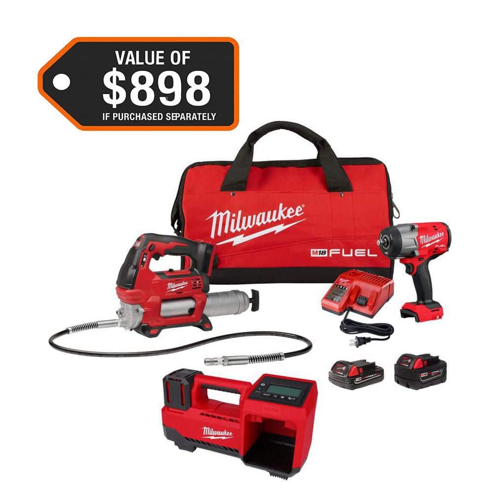 Milwaukee M18 FUEL 18V Lithium-Ion Brushless Cordless High Torque 1/2 in. Impact Wrench & Grease Gun Combo Kit w/ M18 Inflator