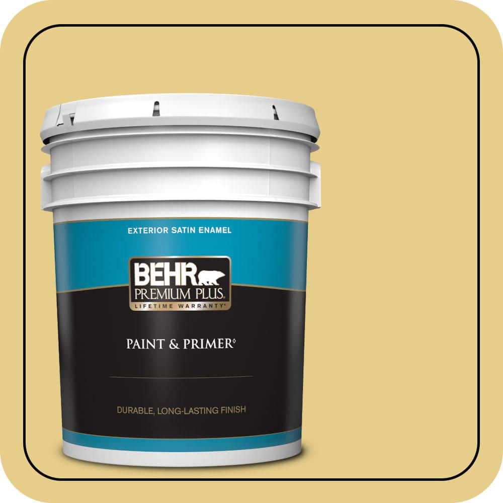 BEHR PREMIUM PLUS 5 gal. #T12-6 Lol Yellow Satin Enamel Exterior Paint & Primer