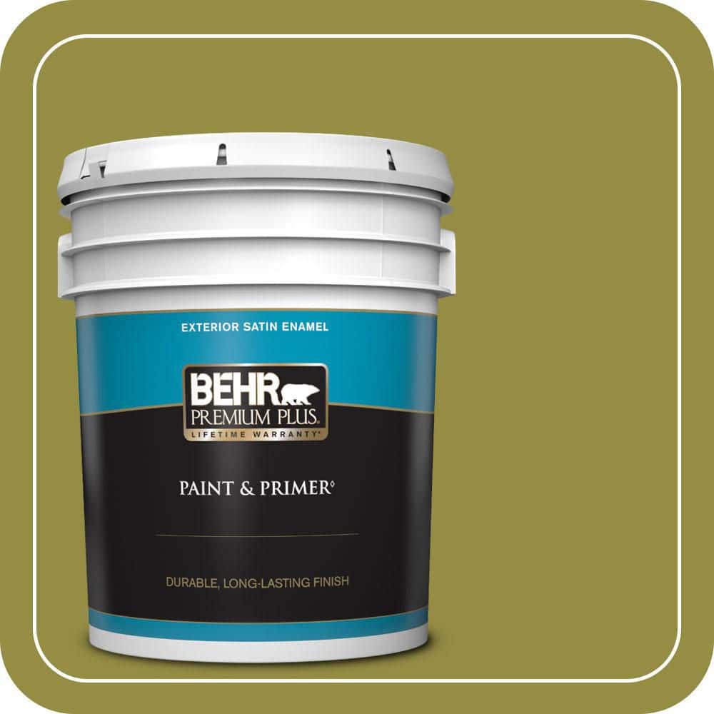 BEHR PREMIUM PLUS 5 gal. #PPU9-03 Retro Avocado Satin Enamel Exterior Paint & Primer (1)