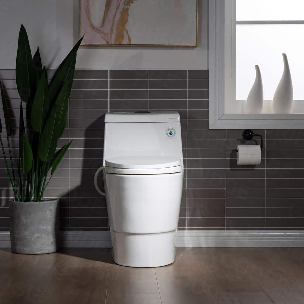 WOODBRIDGE Marsala II One Piece 1.1GPF/1.6 GPF Dual Flush Elongated Toilet with Non-Electric Toilet Seat Included in White (2)