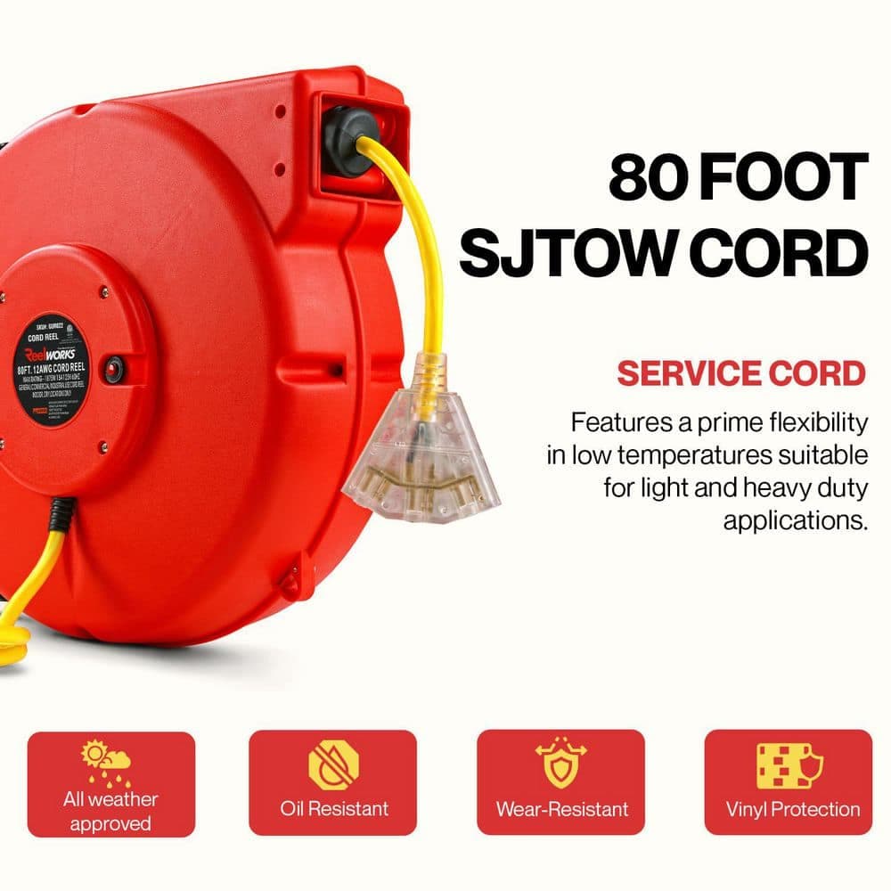 REELWORKS 80 ft. 12/3 15 Amp Retractable Extension Cord Reel with 3-Grounded Outlets and Tri-Tap End (2)