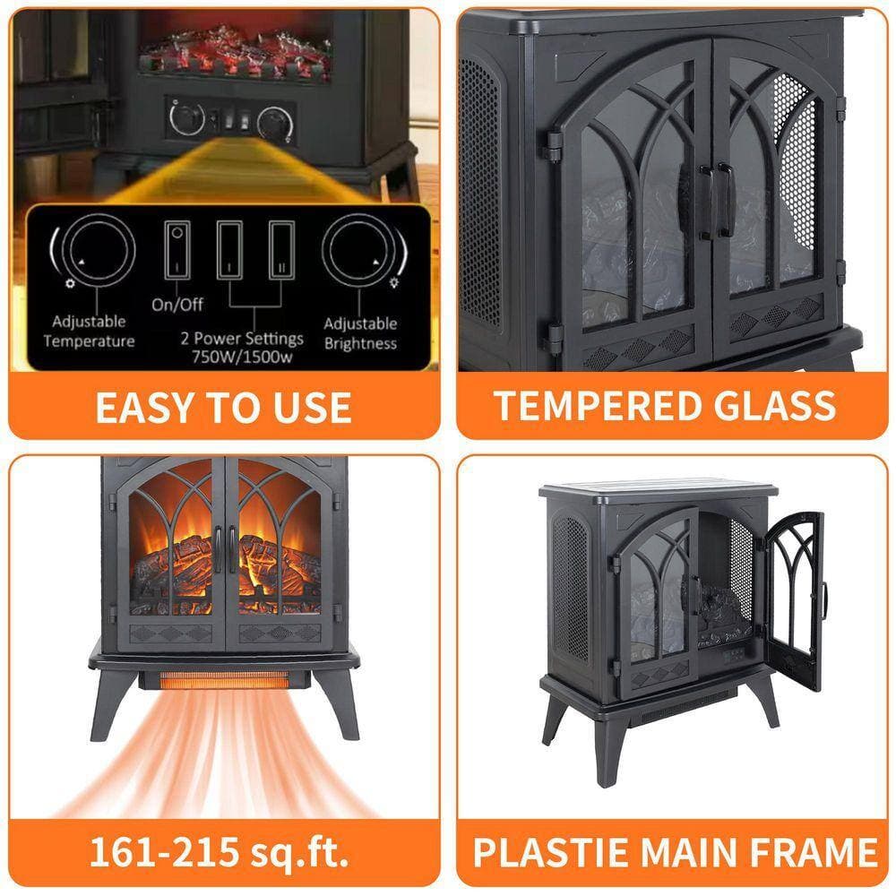 ToolCat 24 in. Freestanding Infrared Quartz Electric Fireplace Stove 400 sq. ft. 3D Flame,Remote Control, Black (2)