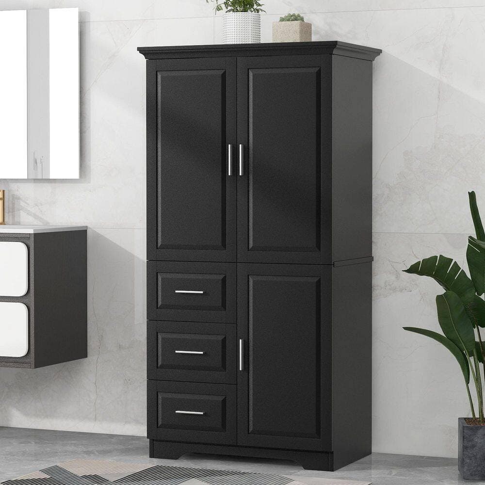 COWLOWN 32.6 in. W x 19.6 in. D x 62.2 in. H Black Linen Cabinet with Doors and 3-Drawers (3)