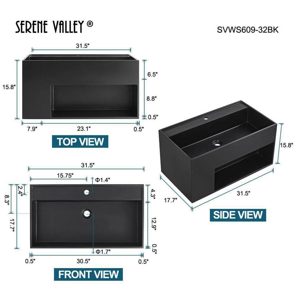 SERENE VALLEY 32 in. Wall-Mount Bathroom Solid Surface Vanity with Spacial Storage Area in Matte Black (2)
