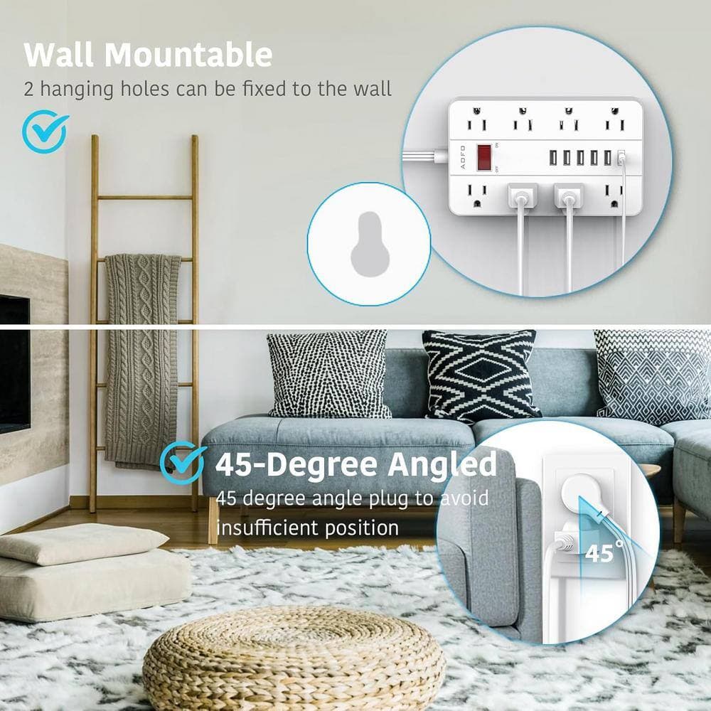 Lukyamzn 5 ft. Flat Plug Extension Cord Power Strip 8-Outlets Surge Protector Wall Mountable in White with 5 USB & 1 Type C Ports (2)