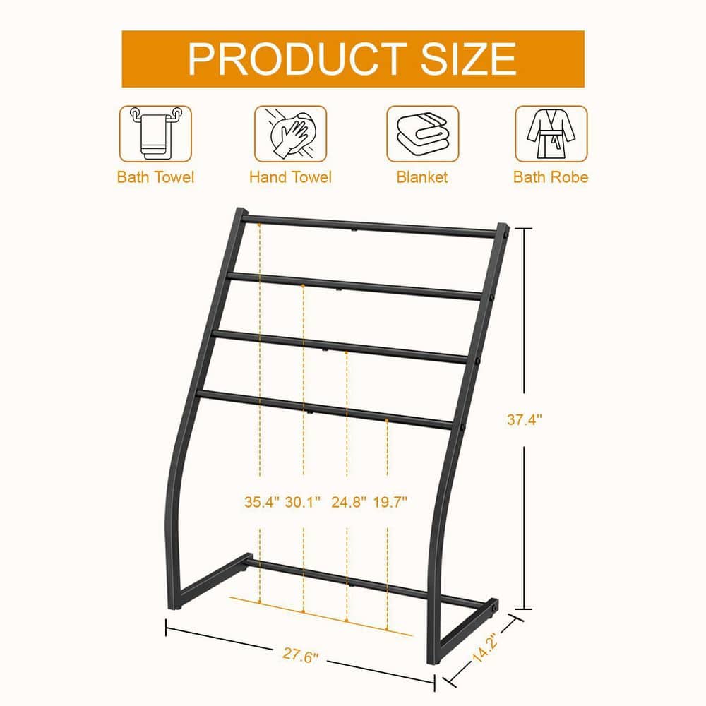 Wudkey 4 Tier Wide Towel Dryer Rack in Black, Free Standing Towel Rack, Metal Towel Bar Stand for Oversized Bath Towel (2)