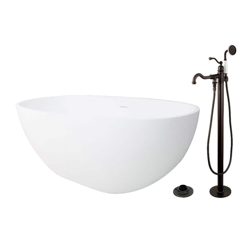 Kingston Brass Arcticstone 64.9 in. x 31.9 in. Surface White Stone Flatbottom Soaking Freestanding Bathtub in White/Oil Rubbed Bronze (1)