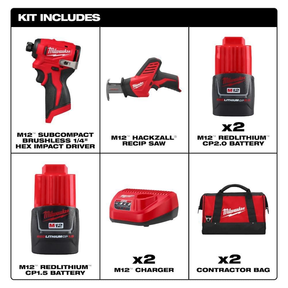 Milwaukee M12 12-Volt Lithium-Ion Compact Brushless Cordless 1/4 in. Impact Driver Kit w2 2.0 Ah Batteries, Charger,& HACKZALL Kit (2)