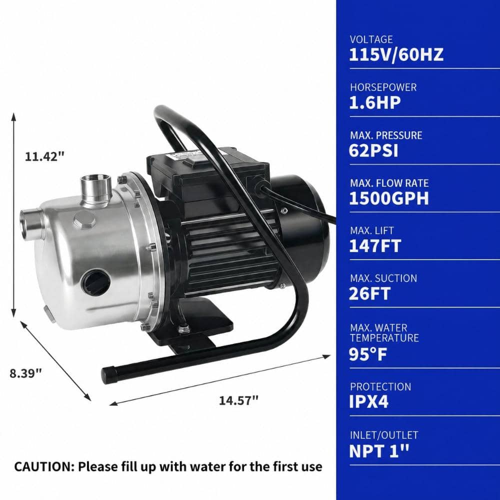 Unbranded 1.6 HP Portable Shallow Well Pump 1162 GPH Stainless Steel Sprinkler Pump 147 ft Head for Lawn Irrigation (3)