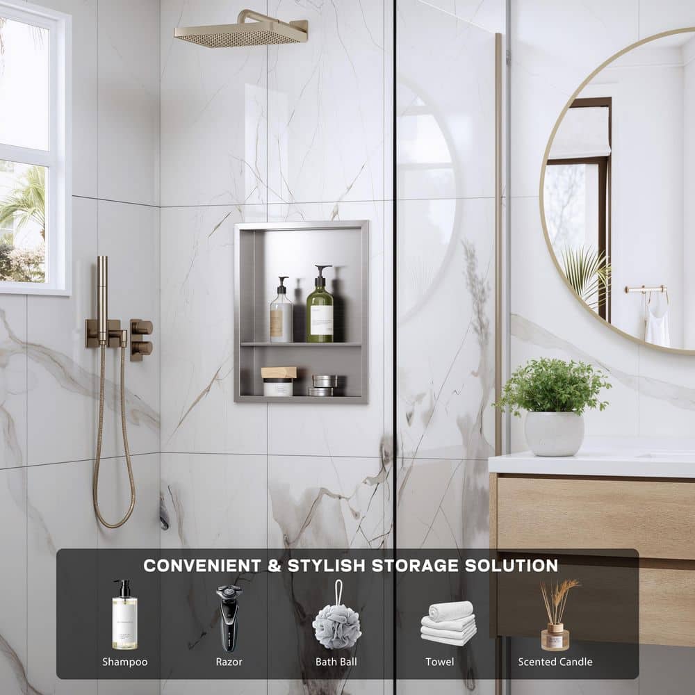 Yuaris 18 in. W x 14 in. H x 4 in. D Waterproof Recessed Shower Niche Storage Shelf in Brushed Nickel, No Tile Needed (1)