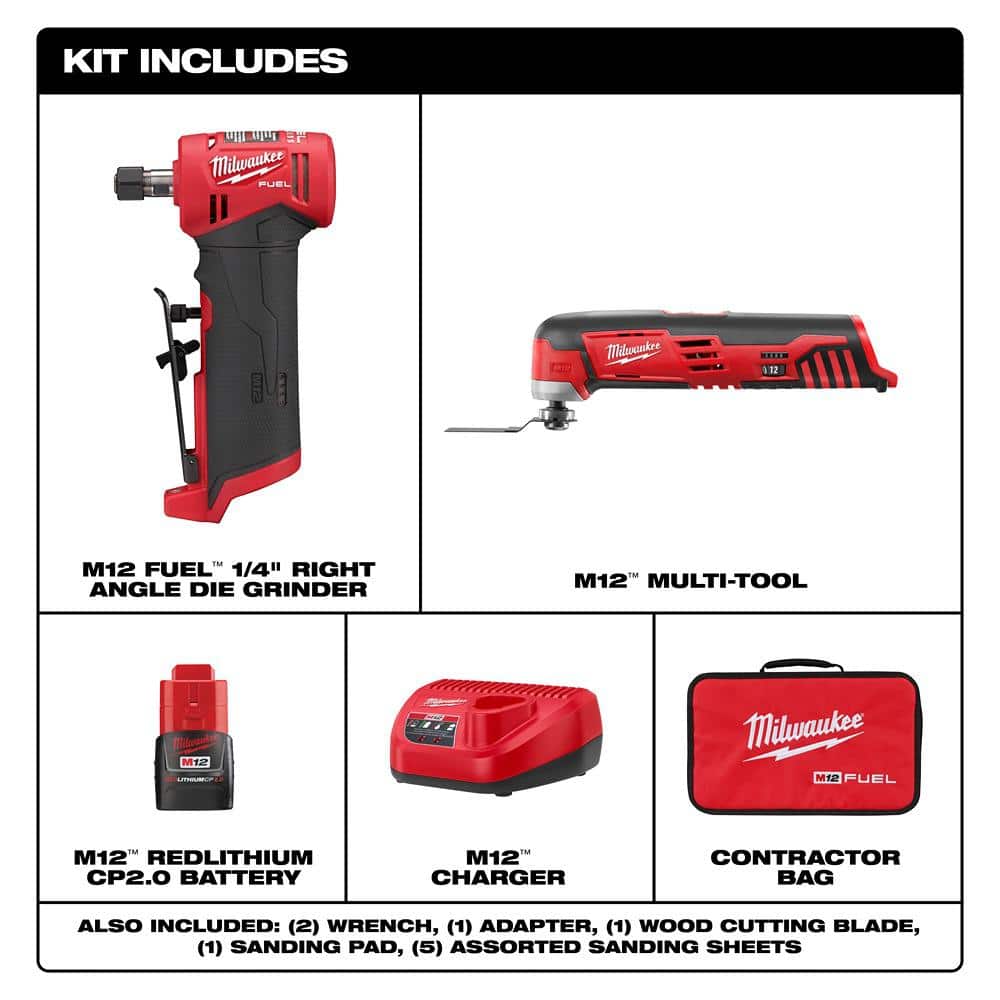 Milwaukee M12 FUEL 12V Lithium-Ion 1/4 in. Cordless Right Angle Die Grinder Kit w/M12 Lithium-Ion Cordless Oscillating Multi-Tool (2)