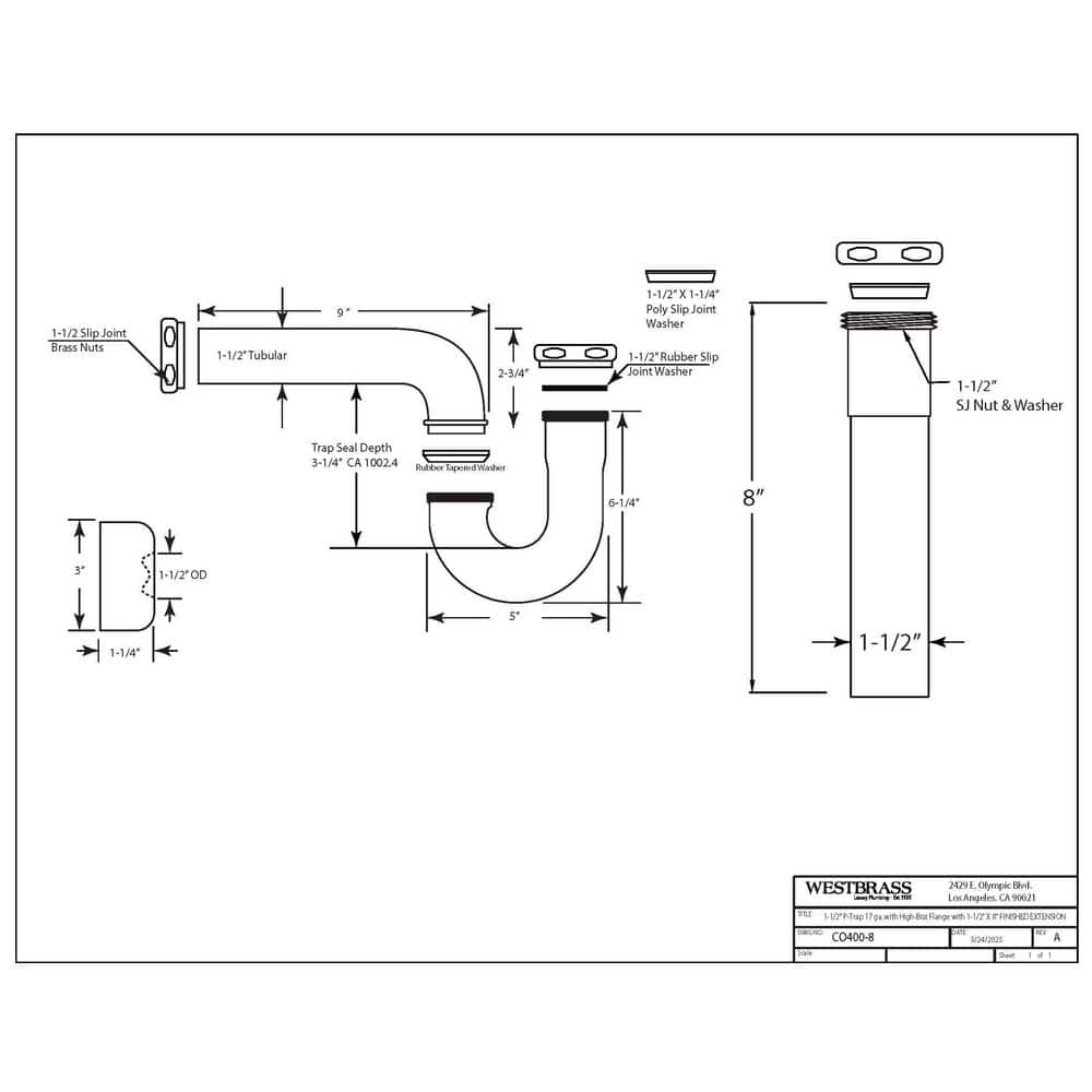 Westbrass 1-1/2 in. Brass Bathroom Sink P-Trap with 8 in. Slip Joint Extension Tube (2)