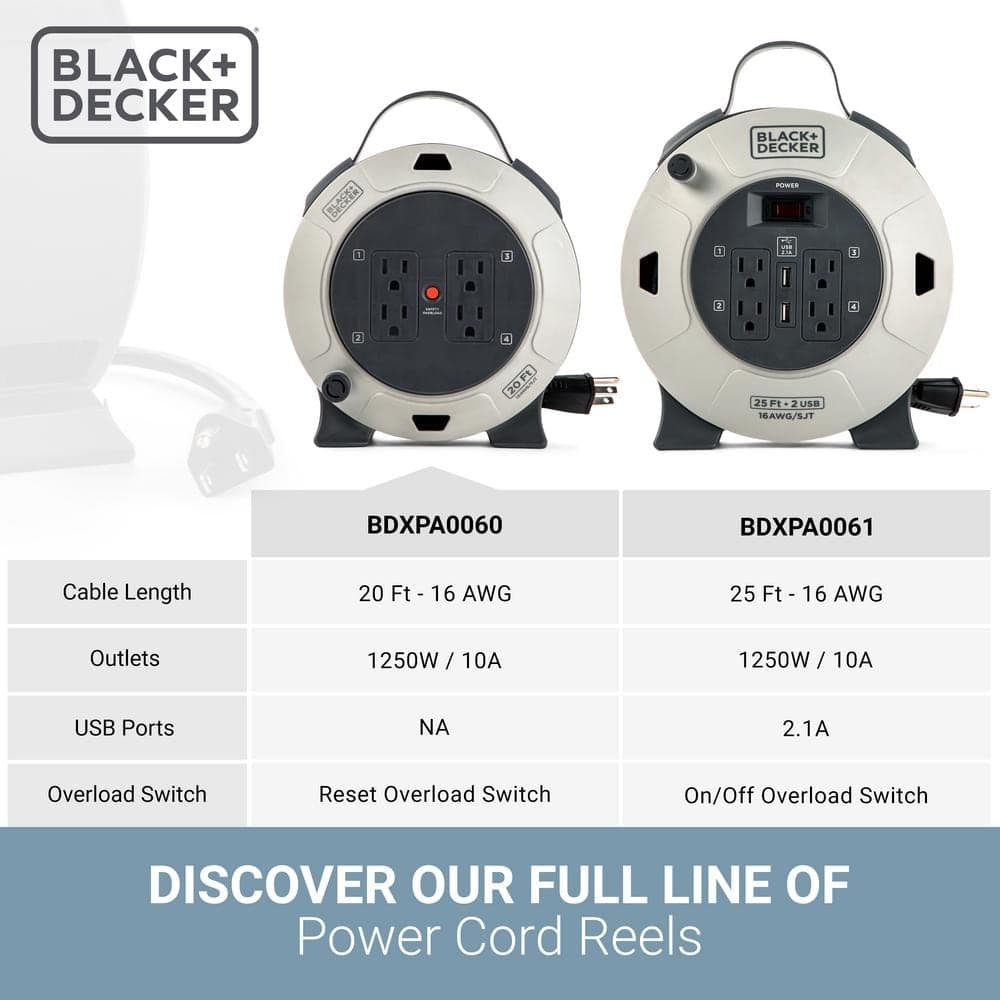 BLACK+DECKER 20 ft. 4 Outlets Retractable Extension Cord with 16 AWG SJT Cable Compact Power Cord Reel (2)