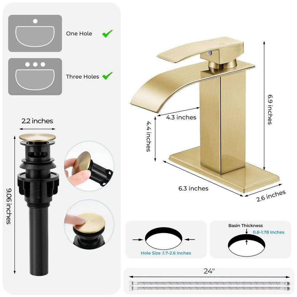 Numhew 1-Piece Waterfall Bathroom Faucet with Pop-up Drain, Hoses and Deck Plate in Brushed Gold (2)