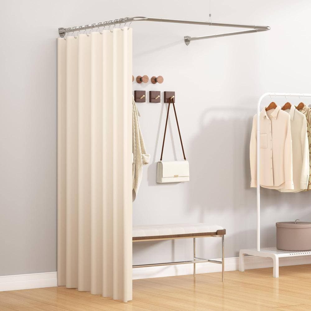 Unbranded U-Shaped Corner Stainless Steel Shower Curtain Rod Adjustable with Ceiling Support and 12 Hooks Silver (3)