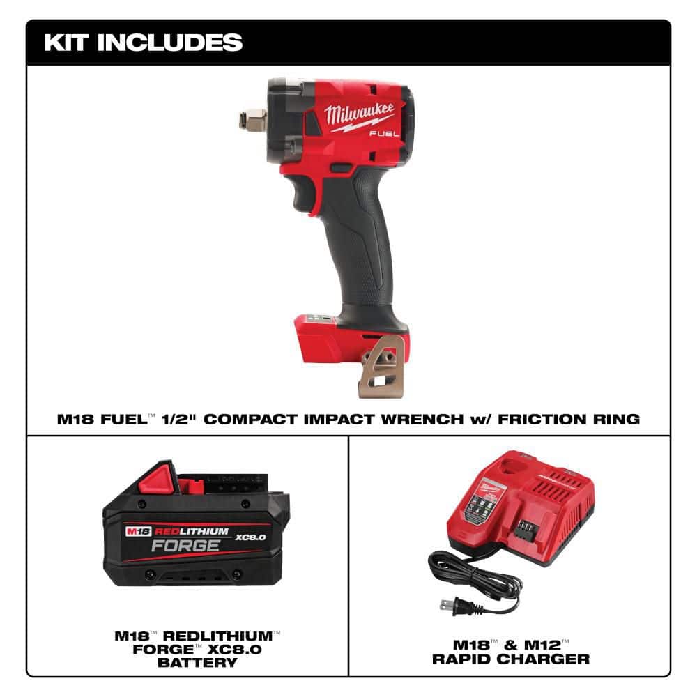Milwaukee M18 FUEL GEN-3 18V Lith-Ion Brushless Cordless 1/2 in. Compact Impact Wrench w/ FORGE 8. 0Ah Battery & Charger (2)
