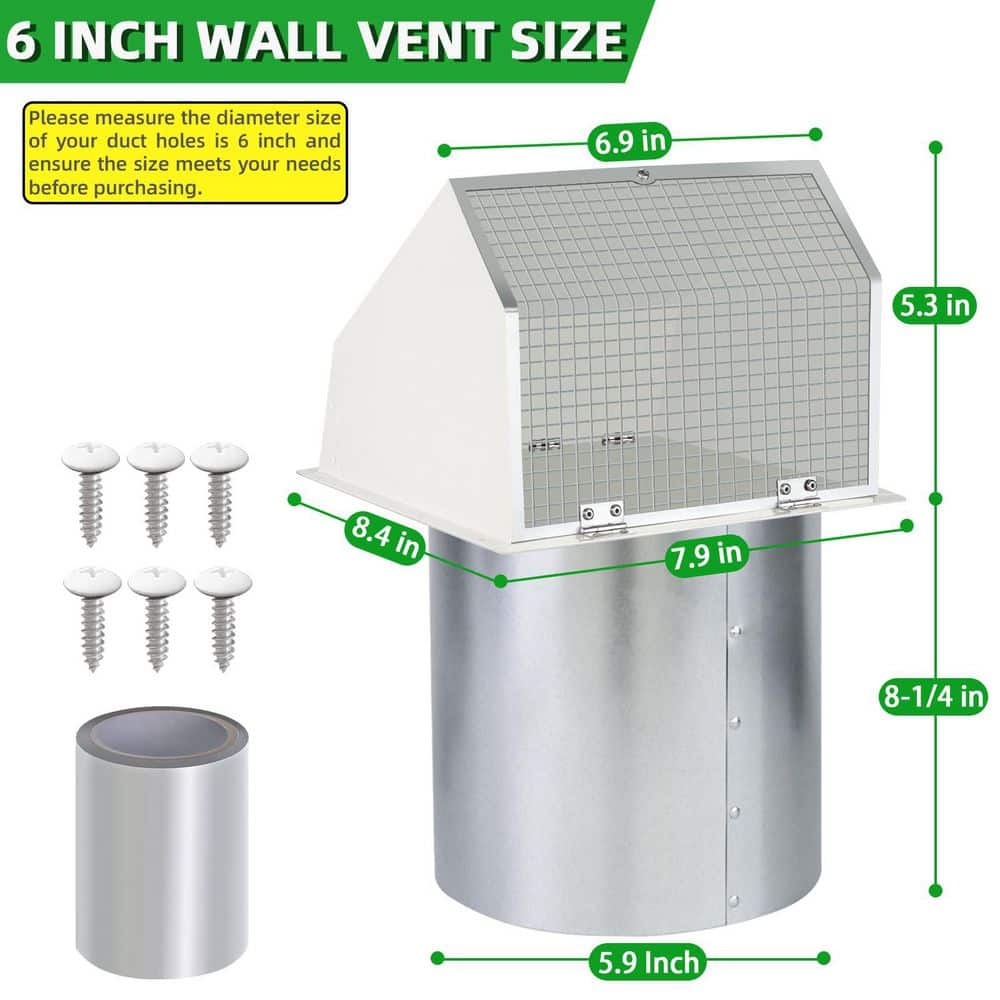 Helhom 6 in. Metal Vent Hood Wall Exhaust Vent Cover, Dryer Vent Cover Outside for Range Hood Kitchen Air Ventilation in White (2)