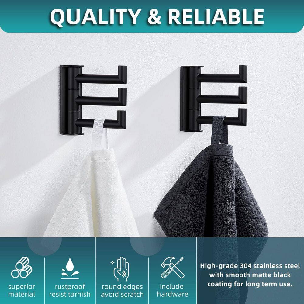 Numhew 2-Pack J-Hook Robe/Towel Hook in Matte Black, Stainless Steel Foldable 3 Arms Robe Towel Holder, Shower Wall Coat Hooks (3)