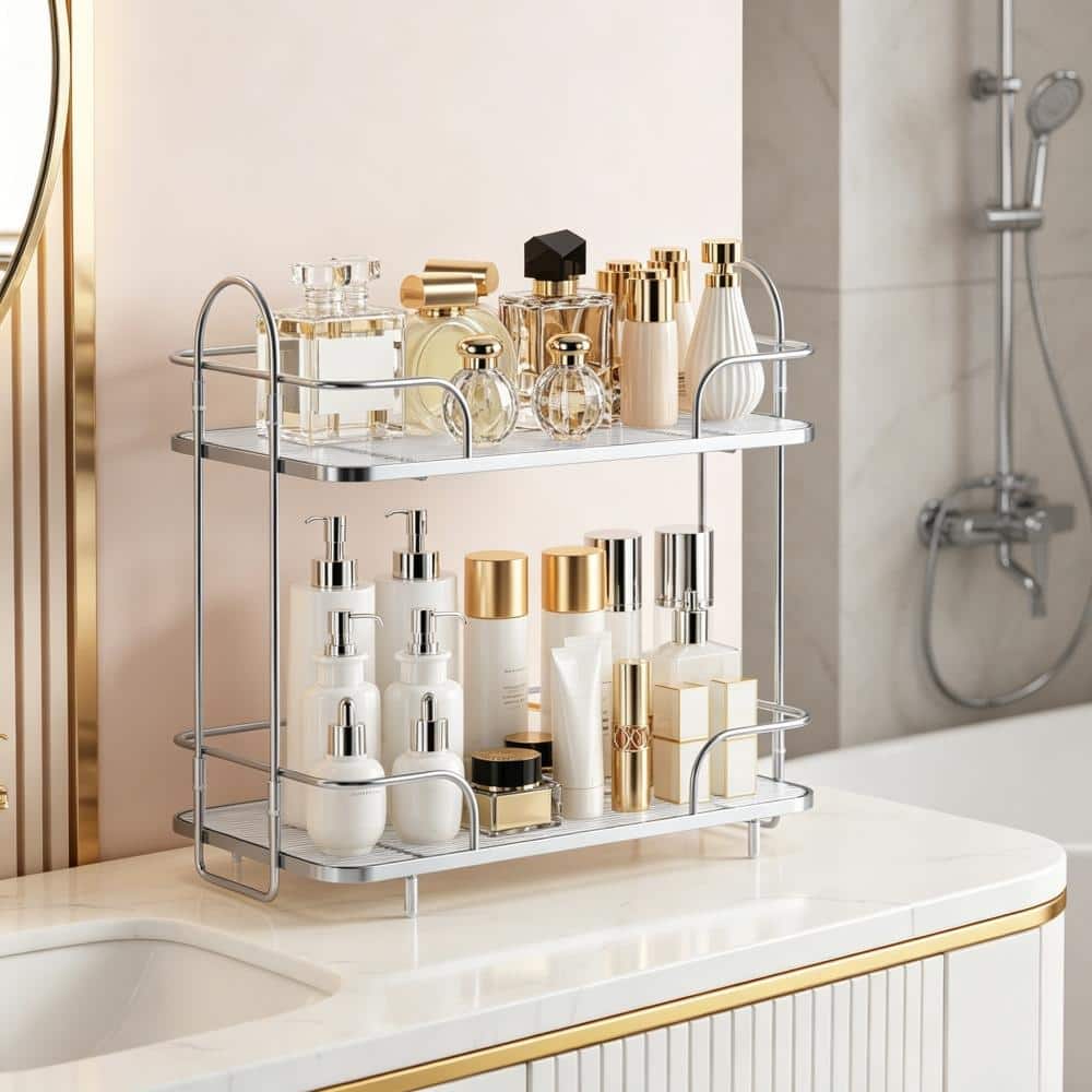 Whatseaso 13 in. W x 12.4 in H x 6.5 in. D Metal in Silver Over The Toilet Storage 2 Tier Corner Bathroom Counter Organizer (3)