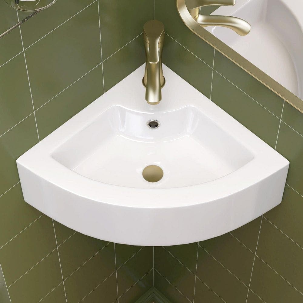 Zeafive 13 in. White Ceramic Corner Wall Mounted RV Bathroom Sink Modern Above Counter Bath Small Mini Sink with Overflow (1)