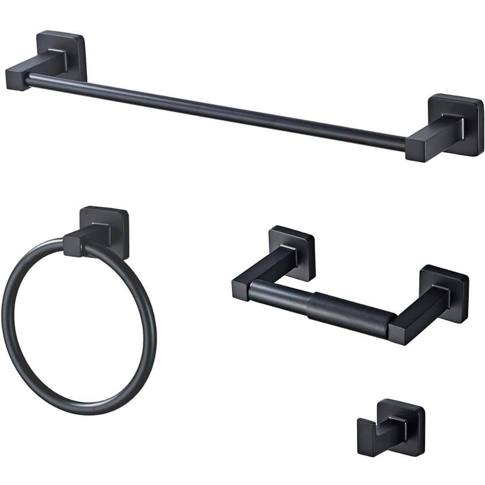 Adrinfly 4-Piece Matte Black Bathroom Hardware Set Wall Mounted with Towel Bar, Towel Ring, Robe Towel Hooks, Toilet Paper Holder (1)