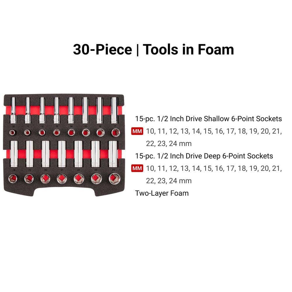 TEKTON 1/2 Inch Drive Shallow and Deep 6-Point Socket Set with Open Top Drawer and Rack, 30-Piece (10-24 mm) (3)